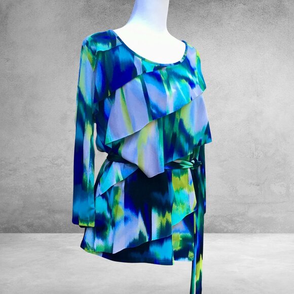Worthington Abstract Layered Asymmetrical Ruffle Top with Tie Waist (Sz L) - Picture 5 of 14